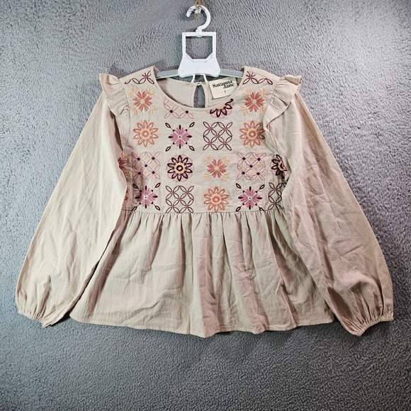 Savanna Jane Tops - NEW Savanna Jane Embroidered‎ Top Blouse Women Small Floral Ruffle Beige